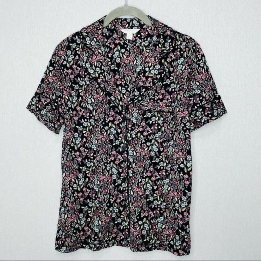 Charter Club floral button up knit pajama top black floral XS
